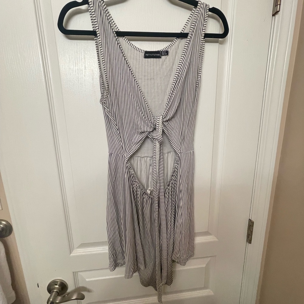 PrettyLittleThing navy and White Striped romper